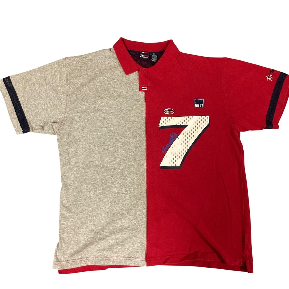 Vintage Bugle Boy‎ Polo Shirt Mens XL Red Grey Colorblock Mesh 7 BBJC-77 WB3402